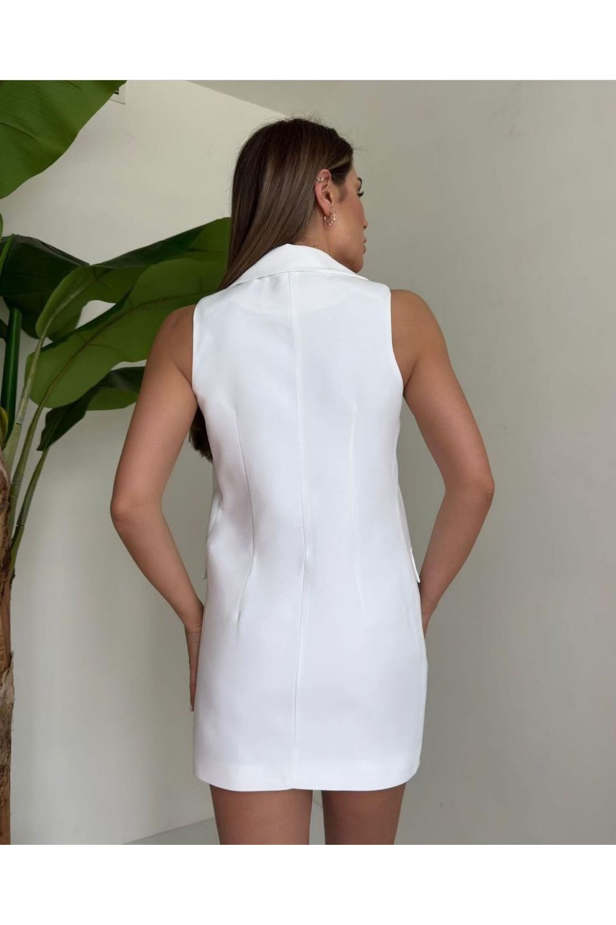Vatka Detaylı Ceket Elbise-Beyaz